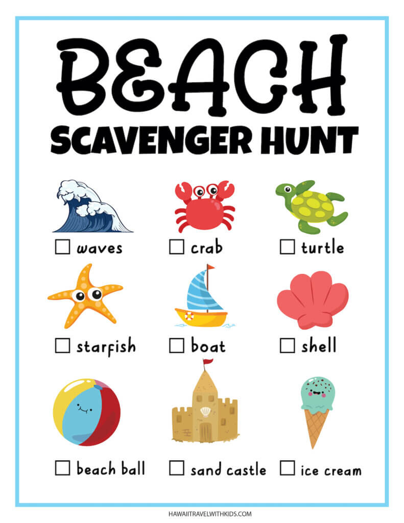 Get this free beach scavenger hunt printable by top Hawaii blog Hawaii Travel with Kids. Image of 9 colorful beach items with check boxes.