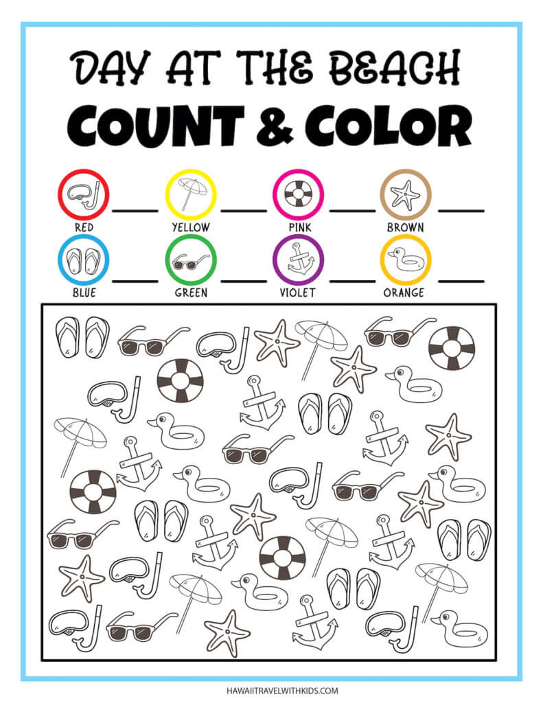 Get this free beach printable by top Hawaii blog Hawaii Travel with Kids. Image of a count and color beach worksheet.