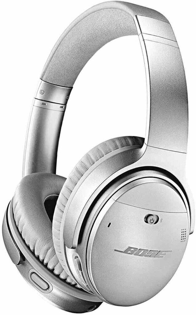 I always add my noise cancelling headphones to my Hawaii packing list for the airplane. Image of silver Bose noise cancelling headphones.