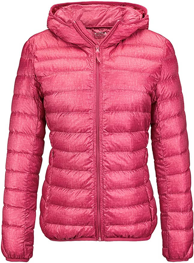 If you're doing Haleakala at sunrise, be sure to add a foldable jacket to your Hawaii packing list. Image of a pink down jacket for women.