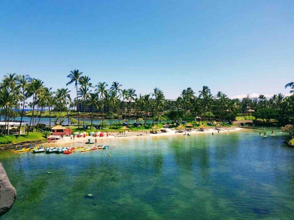 The Hilton Waikoloa Village is one of the best Hawaii family resorts. Image of the lagoons at the Hilton Waikoloa Village on the Big Island.