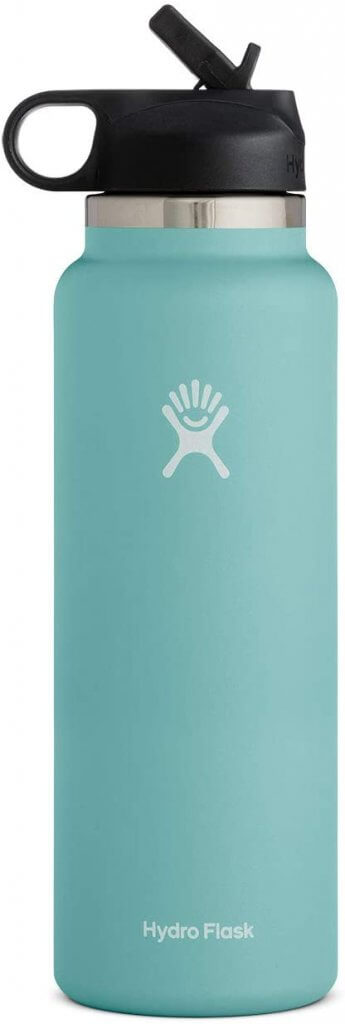 We always add our Hydro Flasks to our Hawaii packing list. Image of a blue Hydro Flask reusable water bottle.