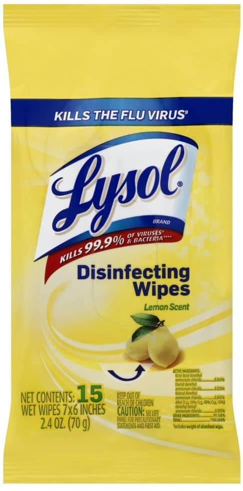 We always travel with Lysol disinfecting wipes. Image of a travel pack of Lysol wipes.