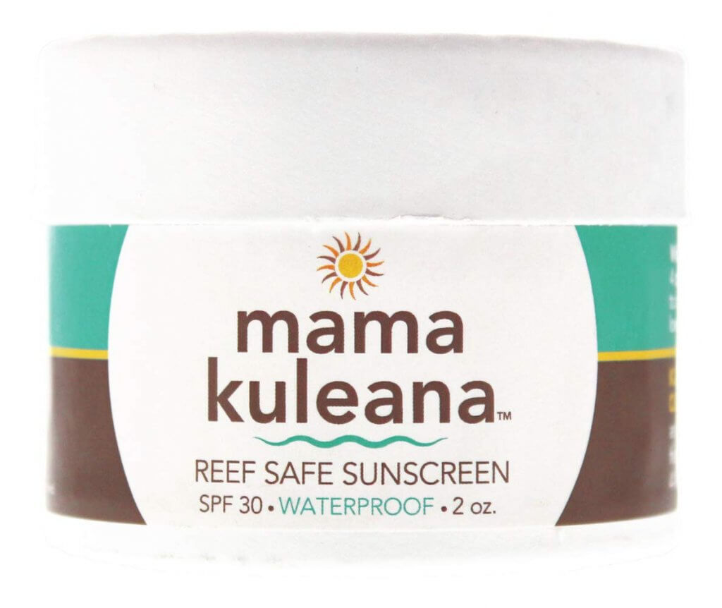 Mama Kuleana sunscreen is made in Hawaii and is totally reef safe. Image of a container of Mama Kuleana reef safe sunscreen.