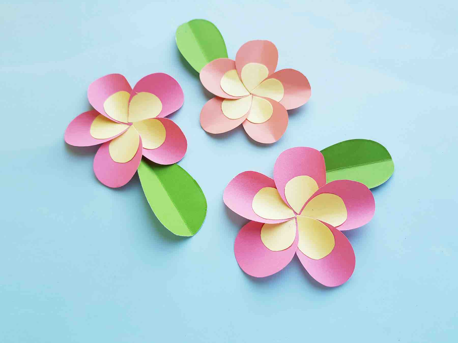 Learn how to make a plumeria paper flower craft by top Hawaii blog Hawaii Travel with Kids. Image of 3 pink plumeria flowers made out of paper.