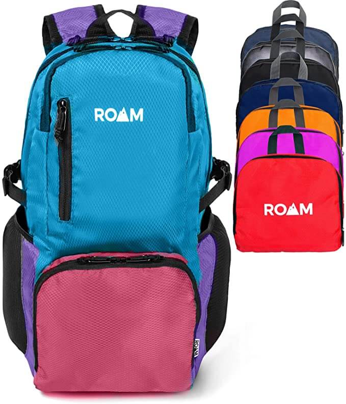 Looking for a backpack for the beach that's waterproof and doesn't take up much space? Image of a multicolor foldable beach backpack.