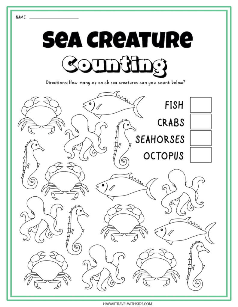 Get this sea creature counting worksheet by top Hawaii  blog Hawaii Travel with Kids. Image of a sea animal worksheet.