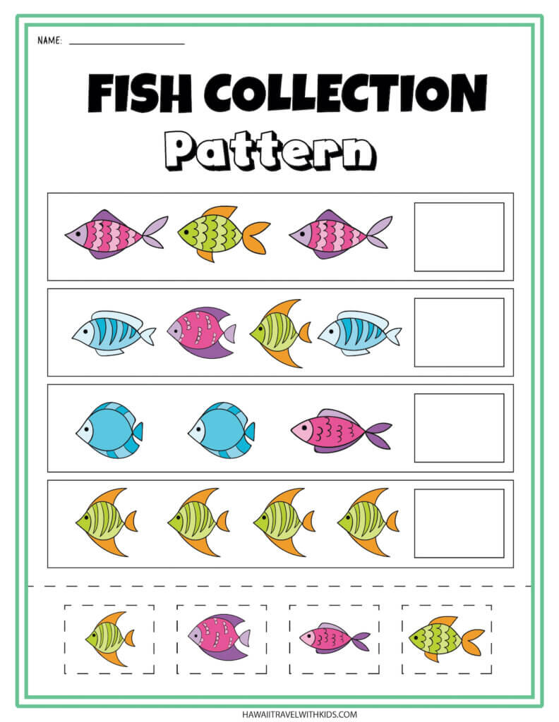 Get this fish collection pattern ocean printable worksheet. Image of a bunch of colorful fish on a worksheet.