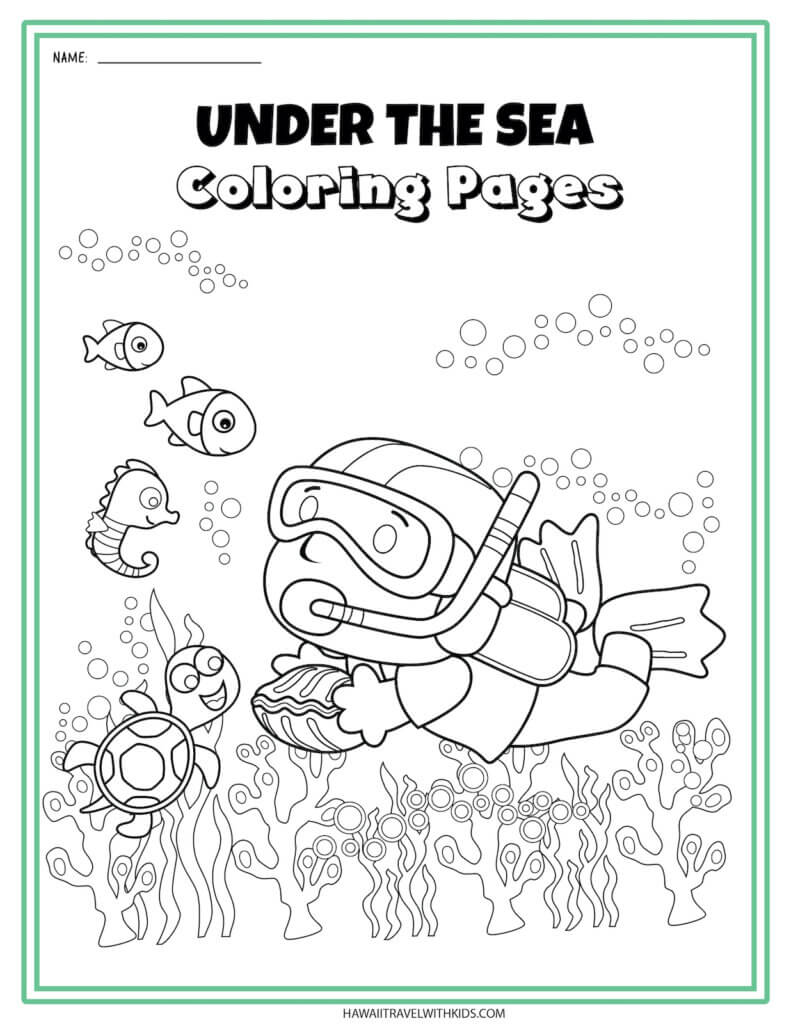 Get this sea creatures coloring page by top Hawaii blog Hawaii Travel with Kids. Image of a snorkeling kid.