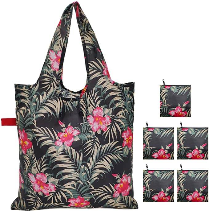 Hawaii doesn't allow plastic bags so it's helpful to add nylon bags to your Kauai packing list. Image of tropical reusable bags.