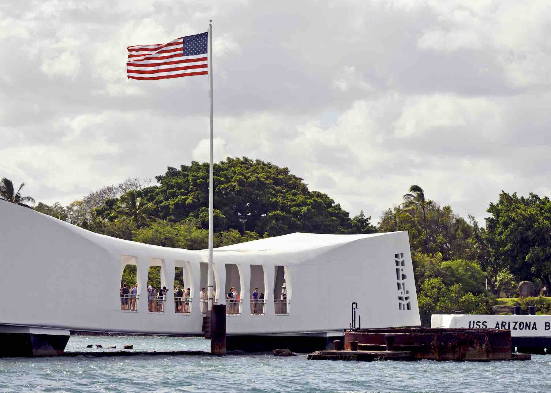 Find out how to plan a Military Vacation to Hawaii by top Hawaii blog Hawaii Travel with Kids. Image of the USS Arizona memorial at Pearl Harbor on the island of Oahu, Hawaii.