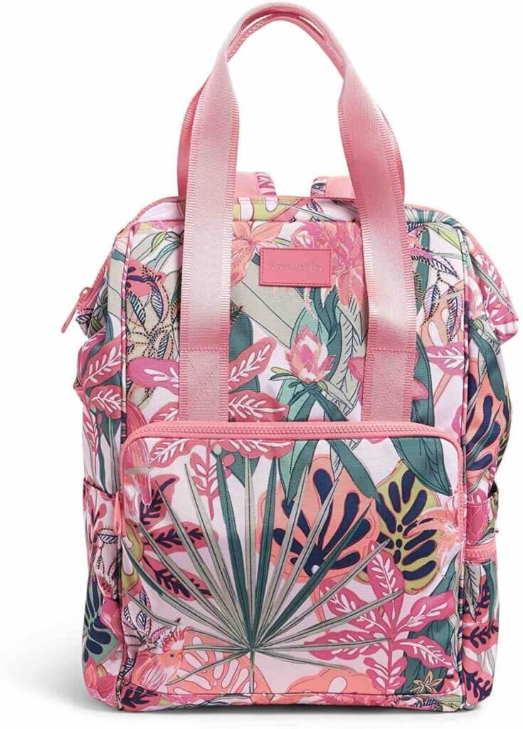 Looking for the best beach backpack for your next trip to Hawaii? Check out this Vera Bradley backpack. Image of a pink tropical print cooler bag backpack.