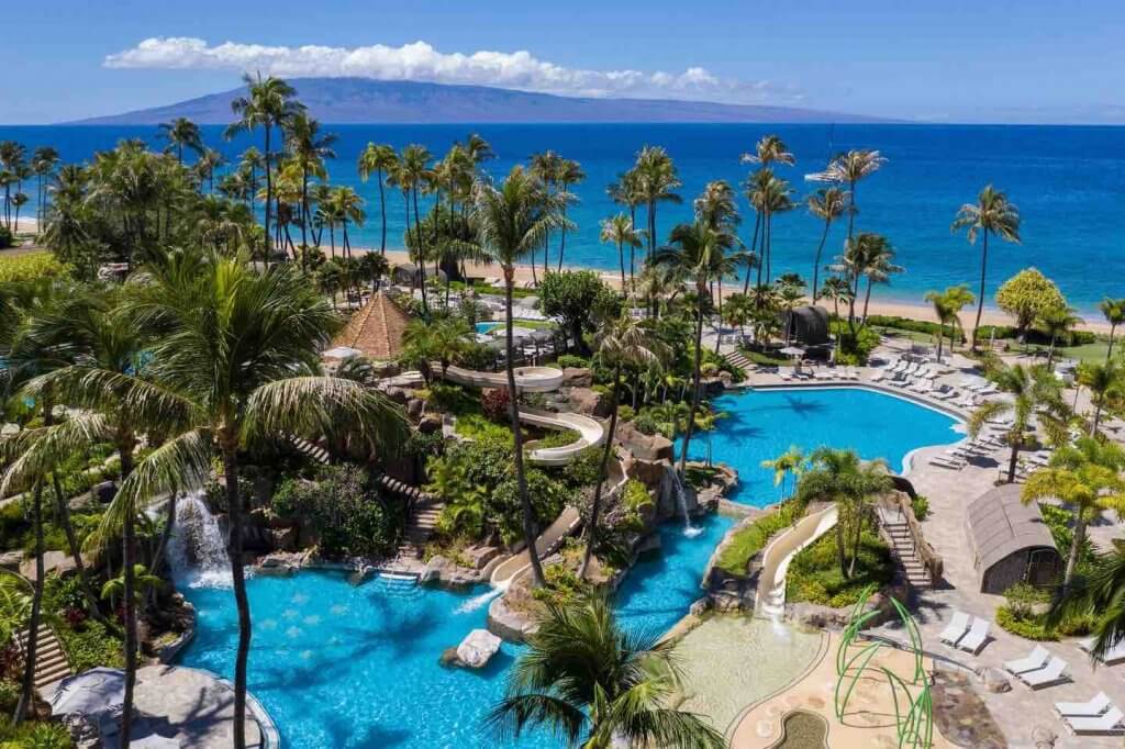 The Westin Maui is one of the best kid friendly Maui hotels. Image of the pool area at the Westin Maui.