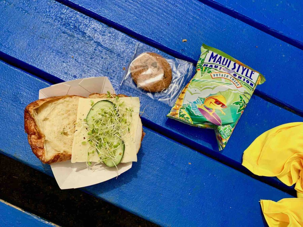 Image of a croissant sandwich, a cookie, and chips as part of the Kauai Tubing tour lunch.