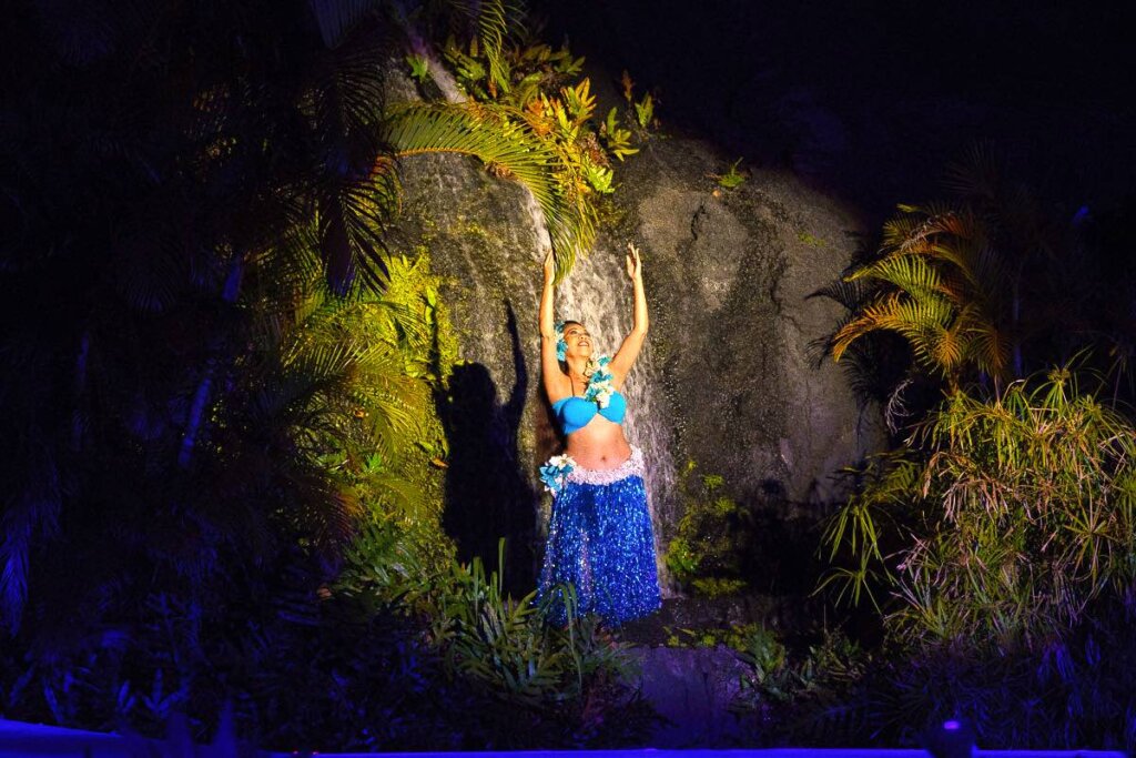 Image of a woman wearing a blue tinsel skirt while she dances hula on Kauai.