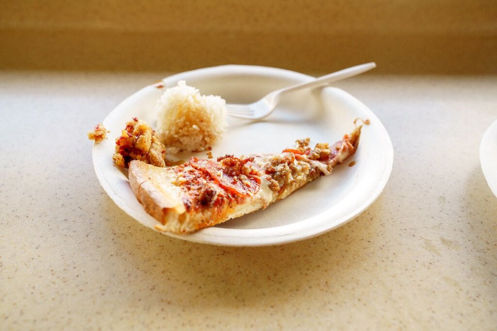 Image of a slice of pizza from North Shore General Store, chicken, and chili pepper rice.