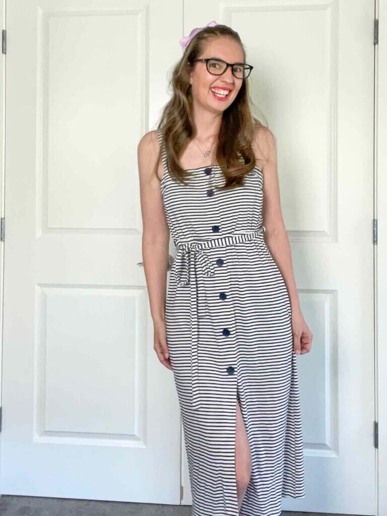 This is what the striped dress looks like when I did my Wantable try one. Image of a woman wearing a striped dress.