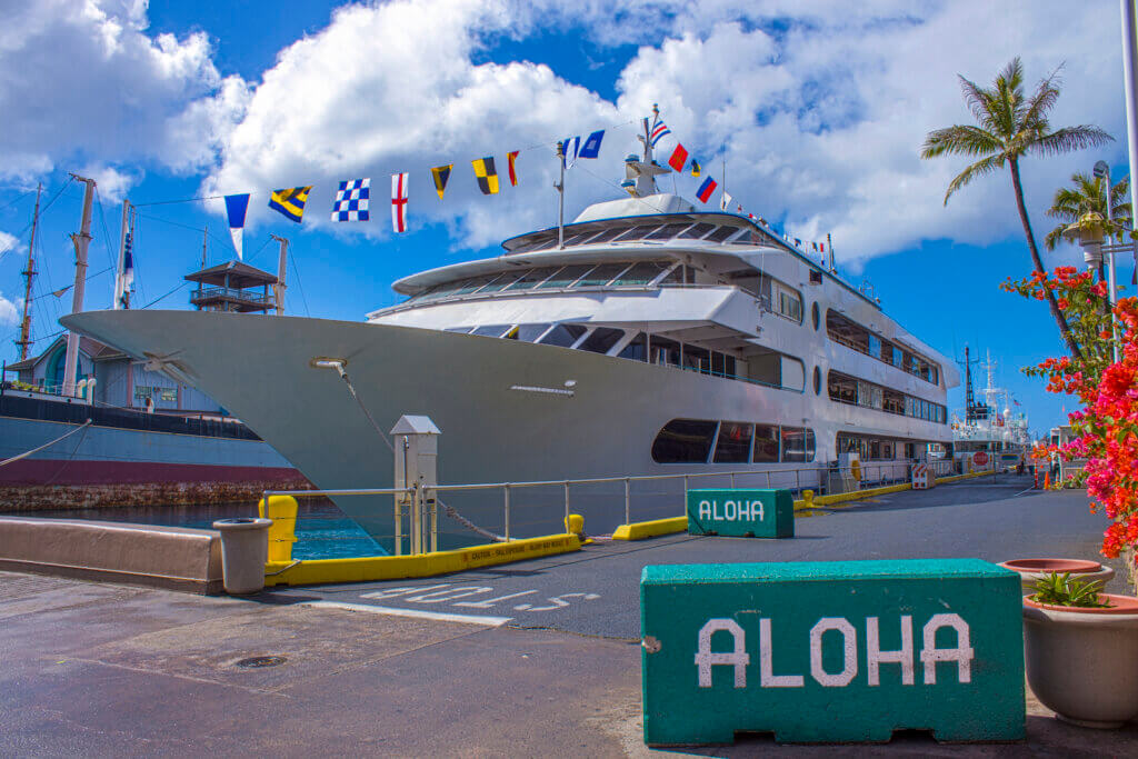 The Star of Honolulu dinner cruise is one of the top Oahu boat tours to book ahead of your trip. Image of a small cruise ship in Honolulu.