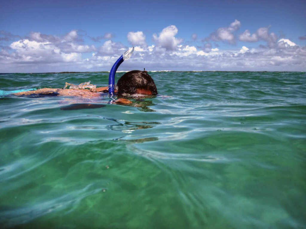 Find out the best Kauai snorkel tours recommended by top Hawaii blog Hawaii Travel with Kids. Image of a man snorkeling at Tunnels Beach on Kauai