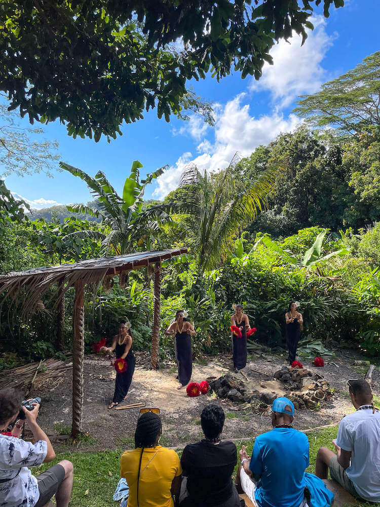 Image of hula dancers dancing on dirt at Experience Nutridge luau on Oahu.