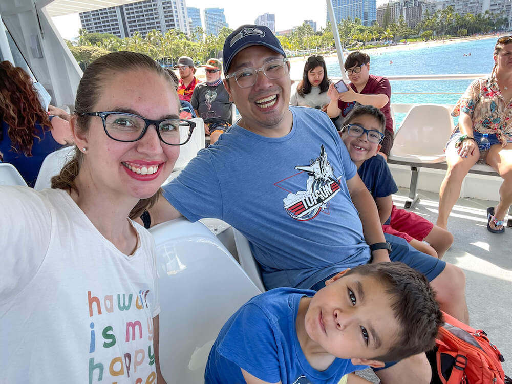 There is plenty of outdoor and indoor seating on the boat that takes you to the Oahu Submarine Tour.