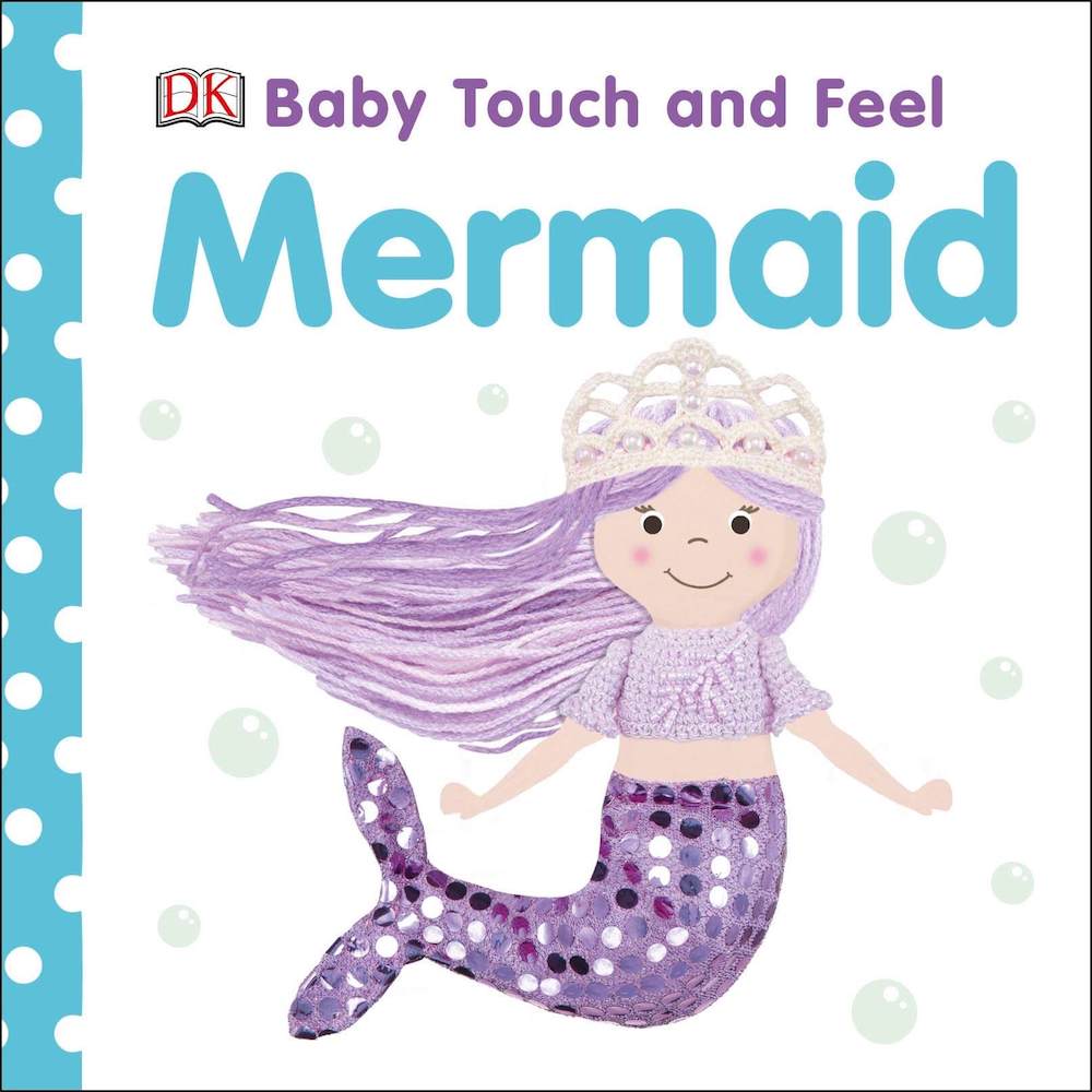 This is a super cute baby board book about mermaids. Image of a book cover with a mermaid doll with a sequined tail on it.