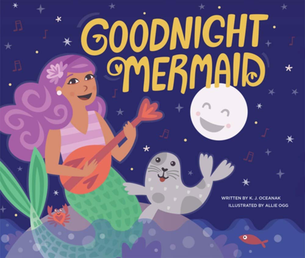 Goodnight Mermaid is a super cute mermaid book for kids for bedtime reading. Image of a book cover with a mermaid playing the ukulele and a seal.