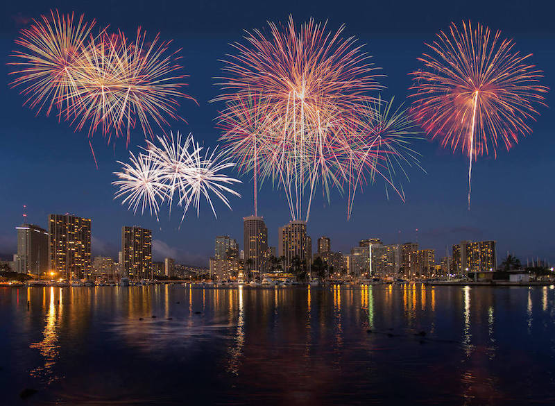 Find out what to do in Hawaii on New Year's Eve. Image of fireworks over Honolulu.