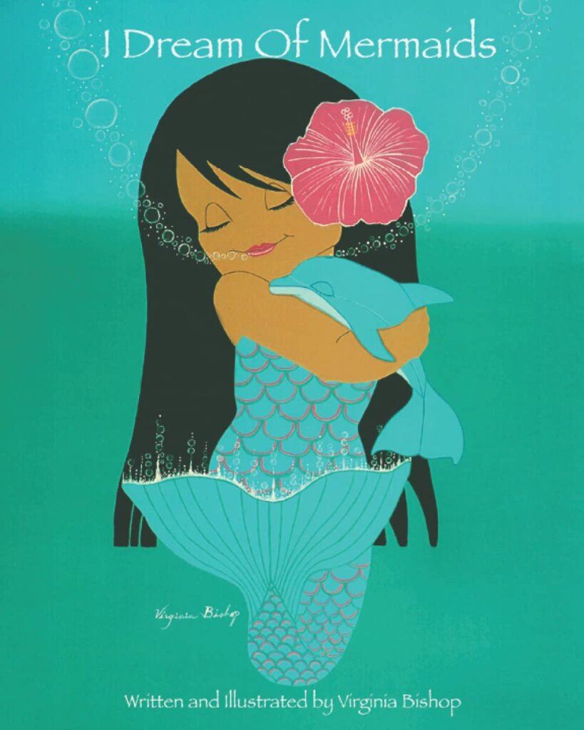 How cute is this Hawaiian mermaid book? Image of a book cover featuring a Hawaiian mermaid snuggling a baby dolphin.