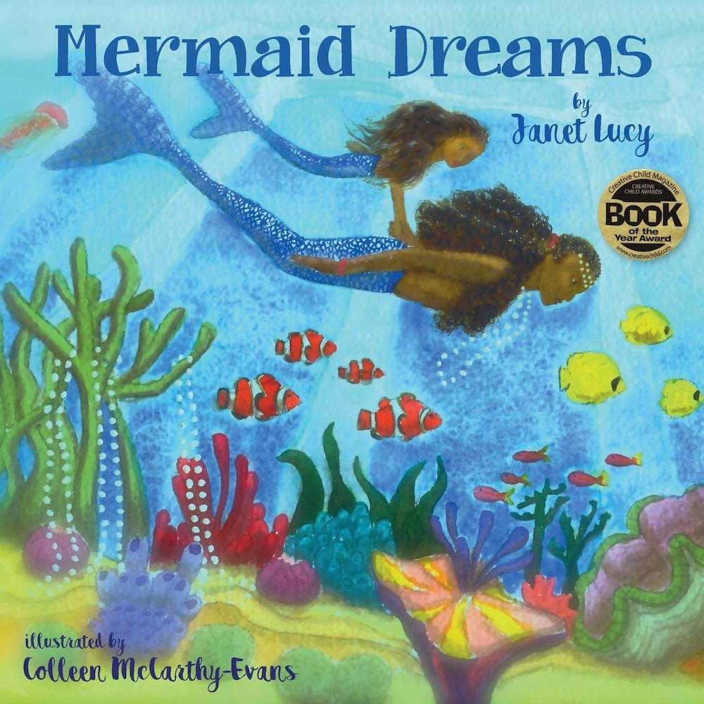 Mermaid Dreams is a kids mermaid book that takes place in the Caribbean. Image of a book cover with an adult mermaid swimming with a child mermaid in a colorful ocean.