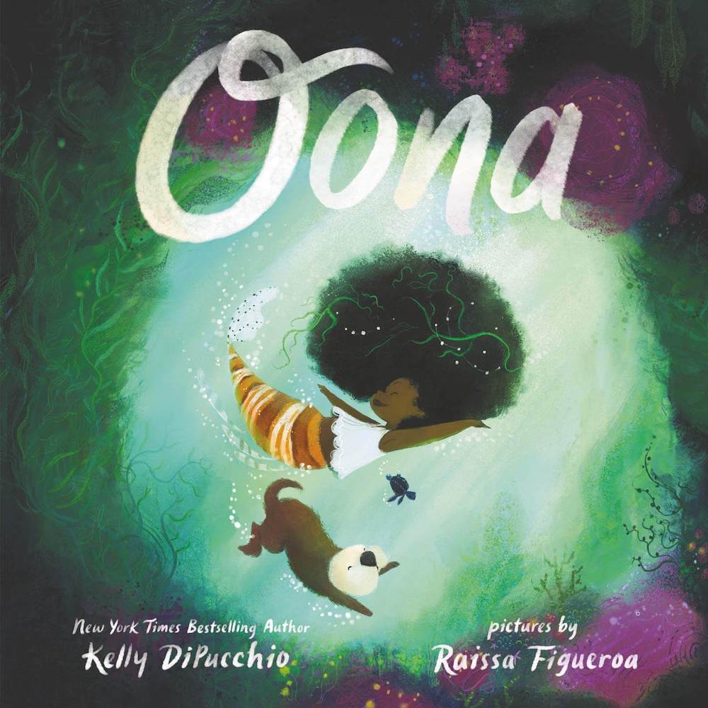 If you're looking for a multicultural mermaid book for kids, Oona is a great pick. Image of a mermaid and her dog in the ocean.