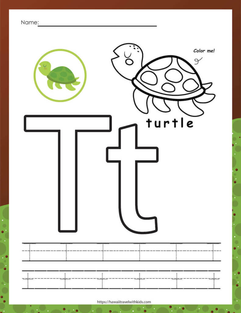 Practice tracing the letter t with this sea turtle printable activity by top Hawaii blog Hawaii Travel with Kids. Image of a sea turtle worksheet featuring the letter t.