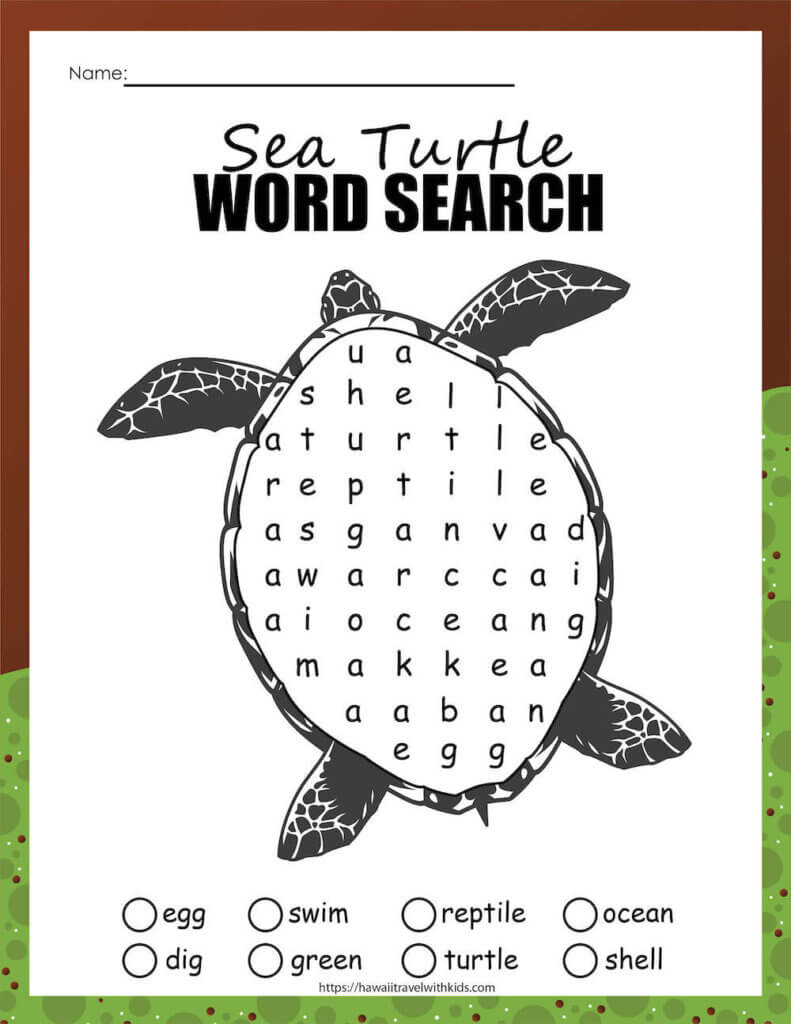 Get this free sea turtle word search activty by top Hawaii blog Hawaii Travel with Kids. Image of a sea turtle word search worksheet for kids.