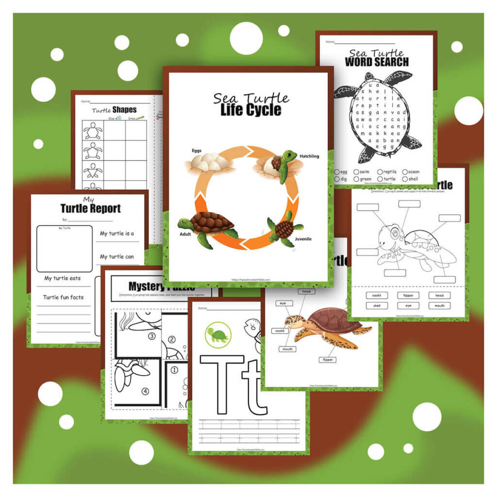 Get this amazing Sea Turtle Activity Pack by top Hawaii blog Hawaii Travel with Kids. Image of several Sea Turtle worksheets and activity pages for kids.