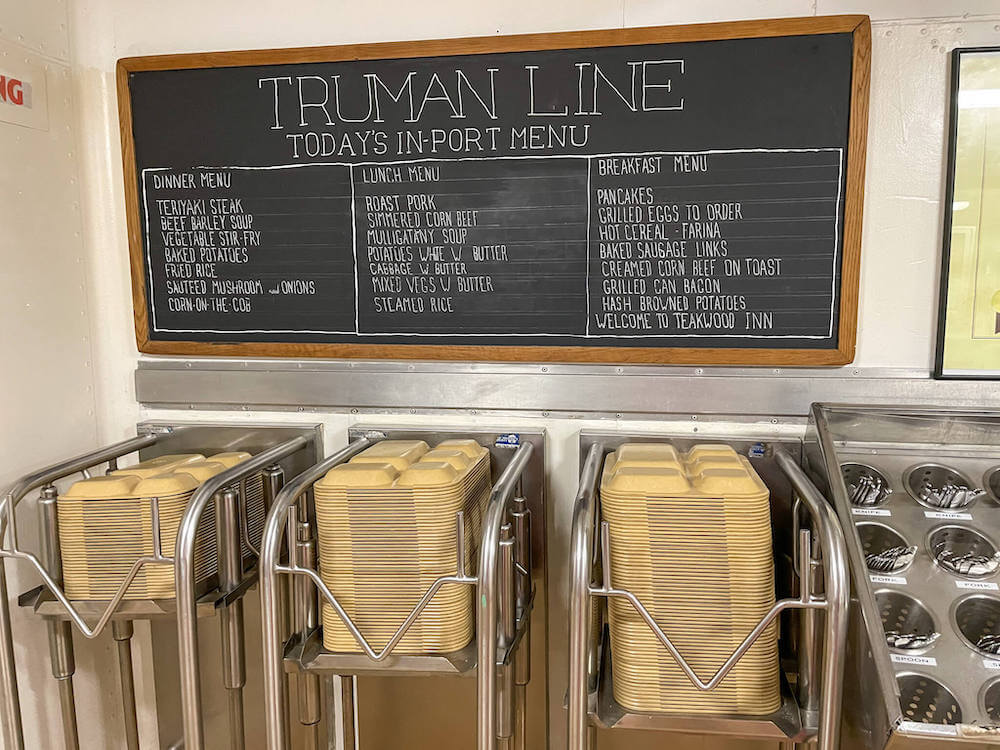 Image of the Truman Line menu of food items served on the USS Battleship Missouri.