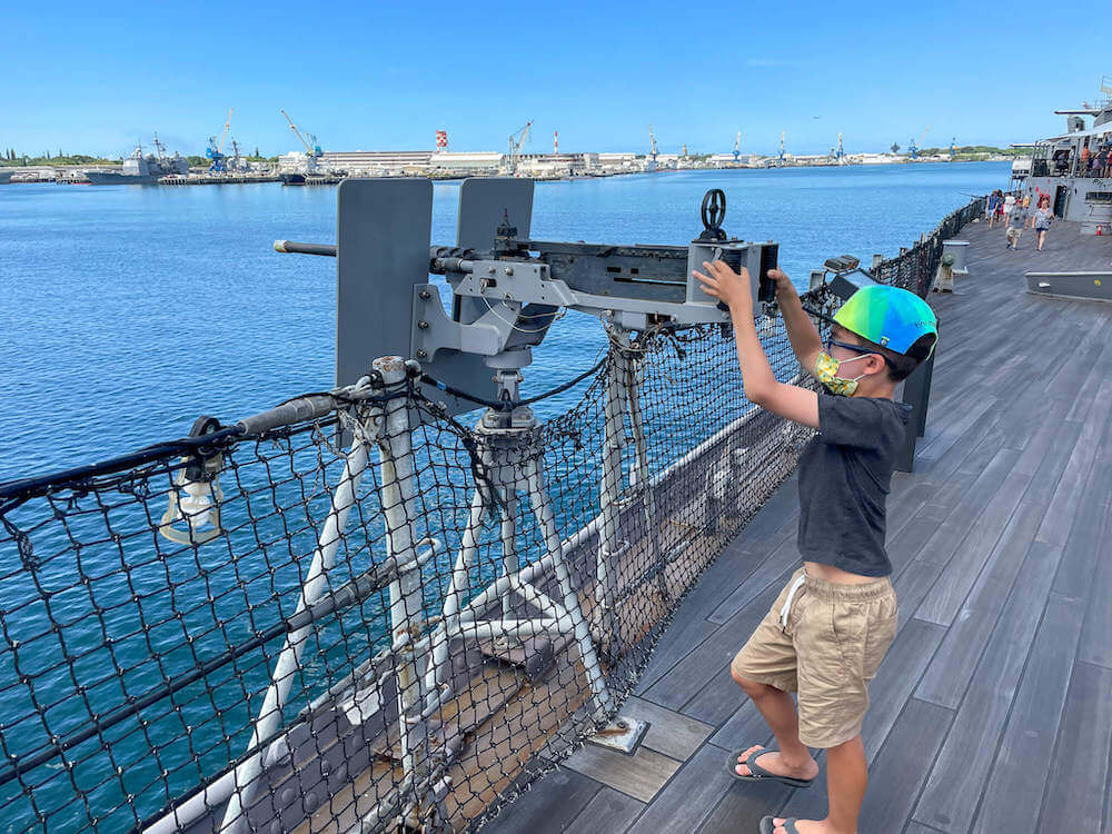 Visiting Pearl Harbor with kids? The USS Battleship Missouri offers a few hands on experiences like getting to move a real gun on the ship.