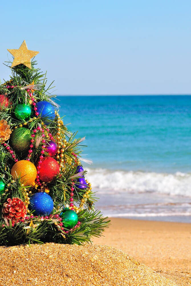 Image of a decorate mini Christmas tree on the beach with the ocean in the background.