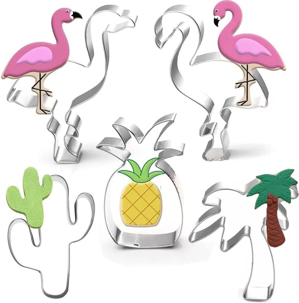 This is a set of Hawaii cookie cutters featuring flamingos, palm trees, pineapples, and a cactus.