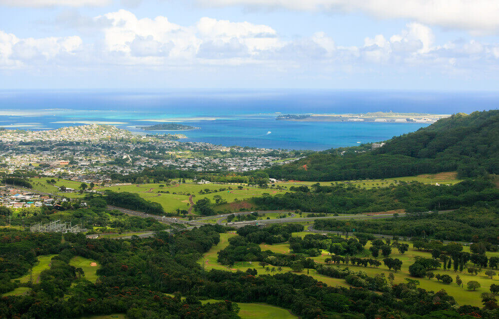 Image of the town of Kaneohe on the Windward side of Oahu as seen from Pali Lookout on Oahu.