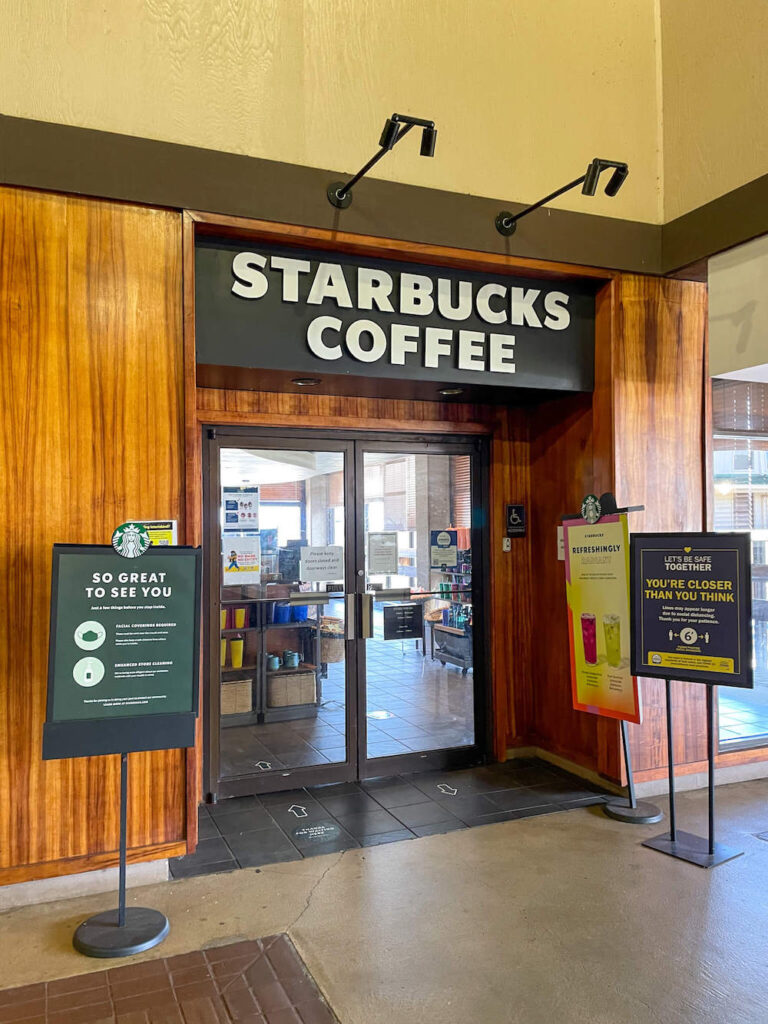 There is a Starbucks at the Lihue Airport on Kauai. Image of the entrance to Starbucks.