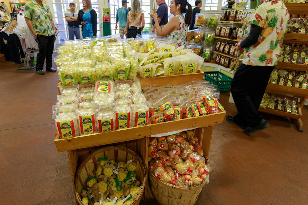 One of the top souvenirs from Oahu are pineapple candies. Image of a display of pineapple candy at Dole Plantation.