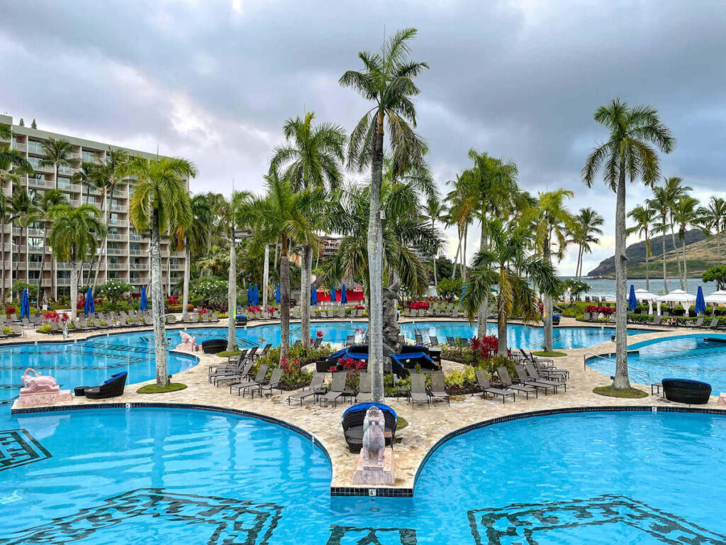 Where to stay on Kauai with kids: Royal Sonesta Kauai review. Image of a massive pool at the Royal Sonesta Kauai.