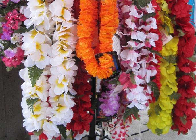 Image of a bunch of silk leis in Hawaii