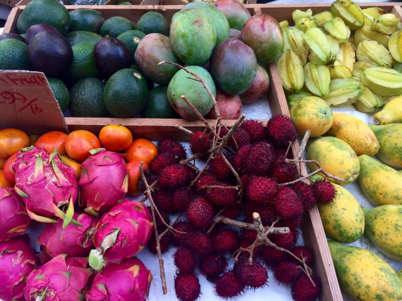 Amazing selection of tropical fruit at a Waikiki farmers market.