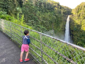Akaka Falls Hike review by top Hawaii blog Hawaii Travel with Kids. Image of a boy standing at the Akaka Falls Scenic Lookout.