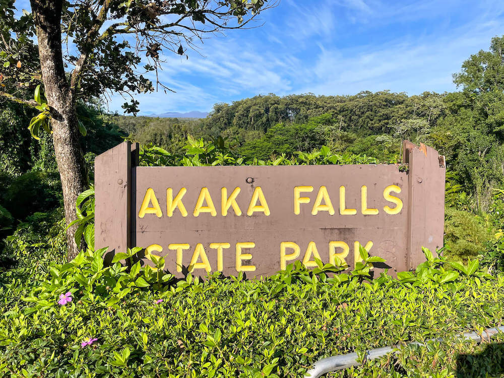 Image of a brown sign with yellow lettering of Akaka Falls State Park surrounded by lush greenery.