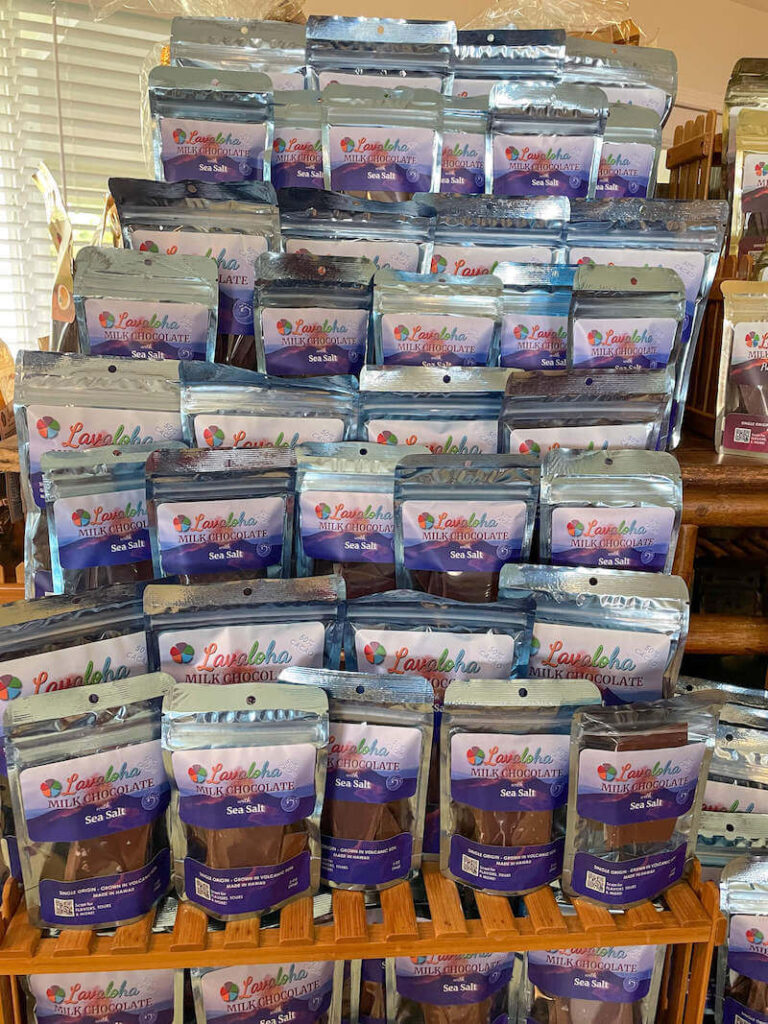 Image of bags of chocolate bark from Lavaloha Chocolate Farm on the Big Island.