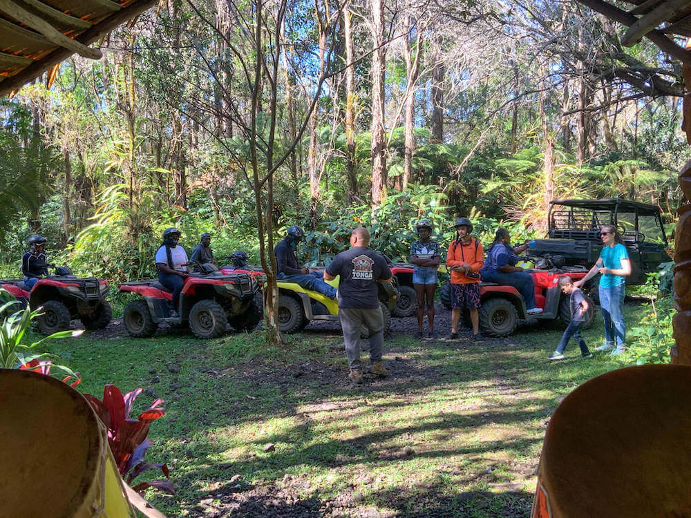 Image of a bunch of red and yellow ATVs lined up in the jungle.