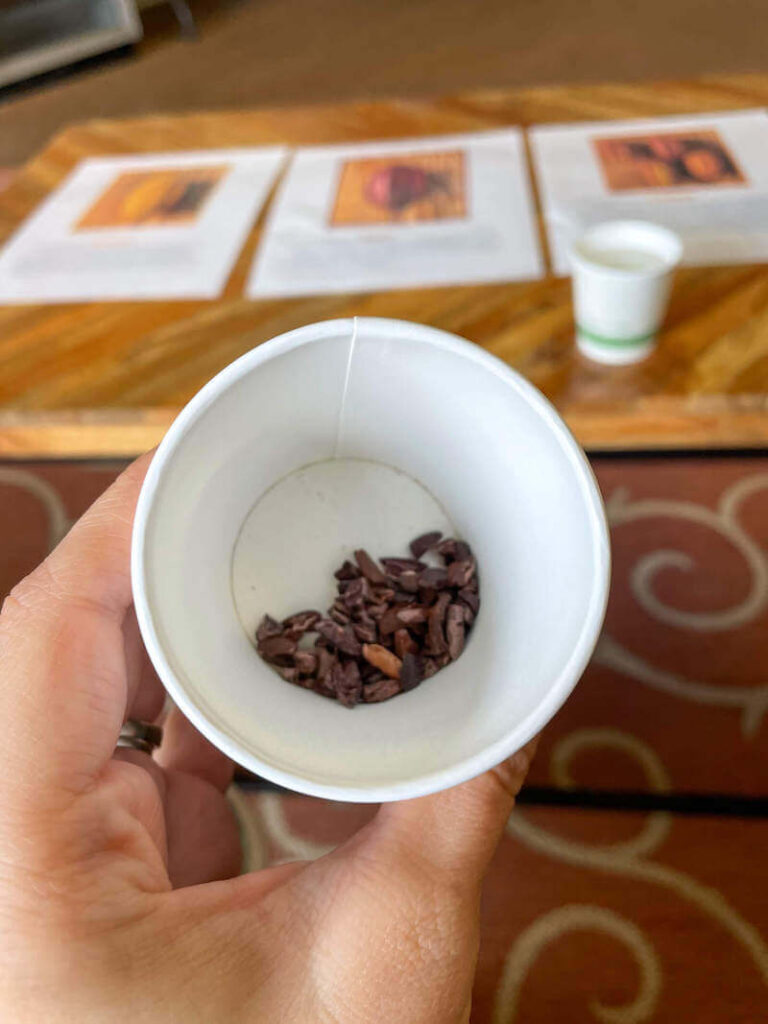 Image of a cup with cocoa nibs inside.