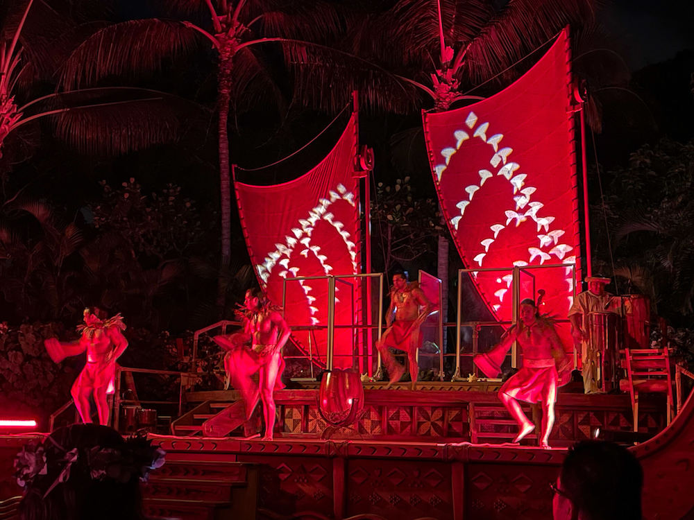 Image of men wearing traditional Hawaiian clothing while hula dancing in Hawaii.